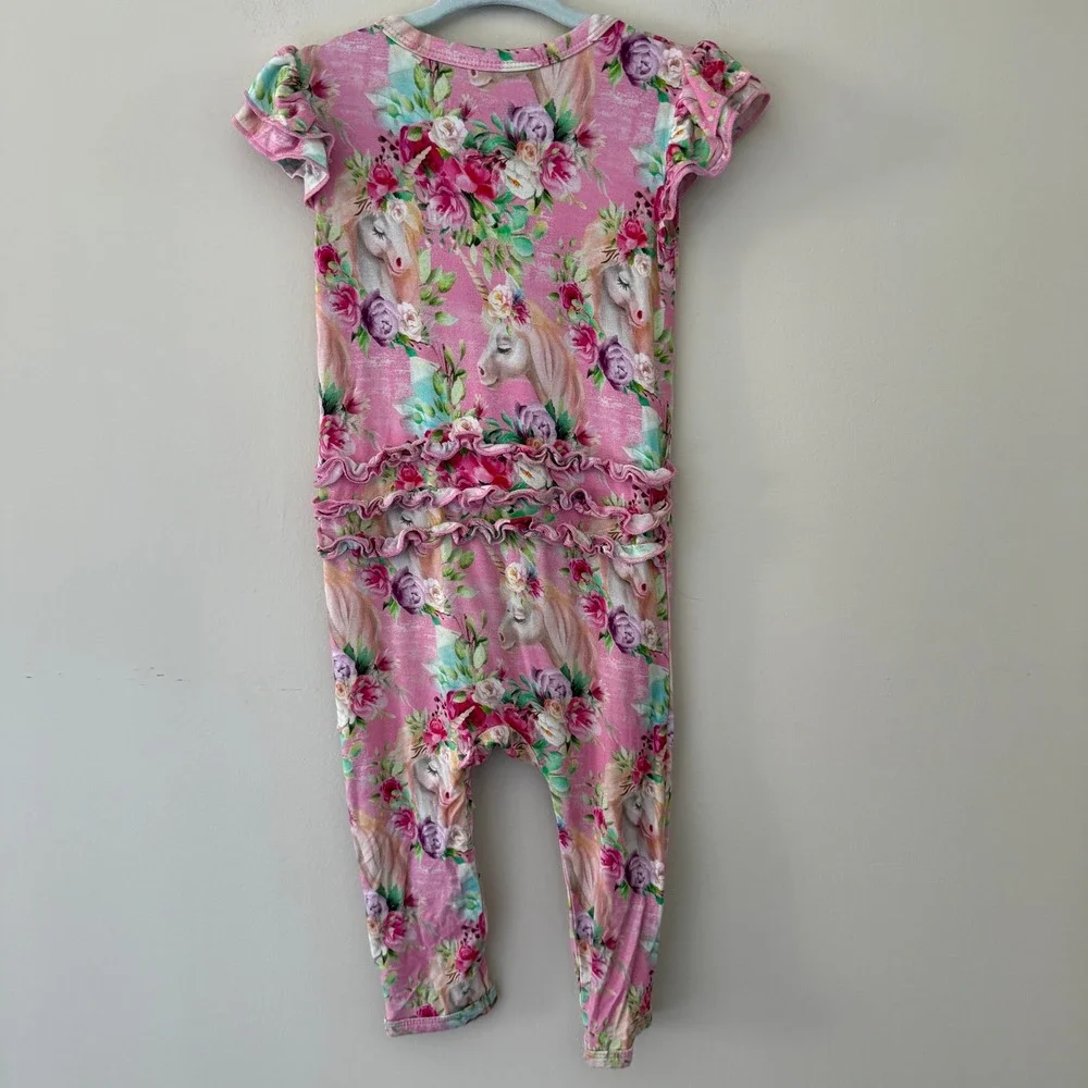 Little Bum Bums‎ Pink Unicorn Floral Bamboo Viscose Ruffle Zippy Romper 12-18M
